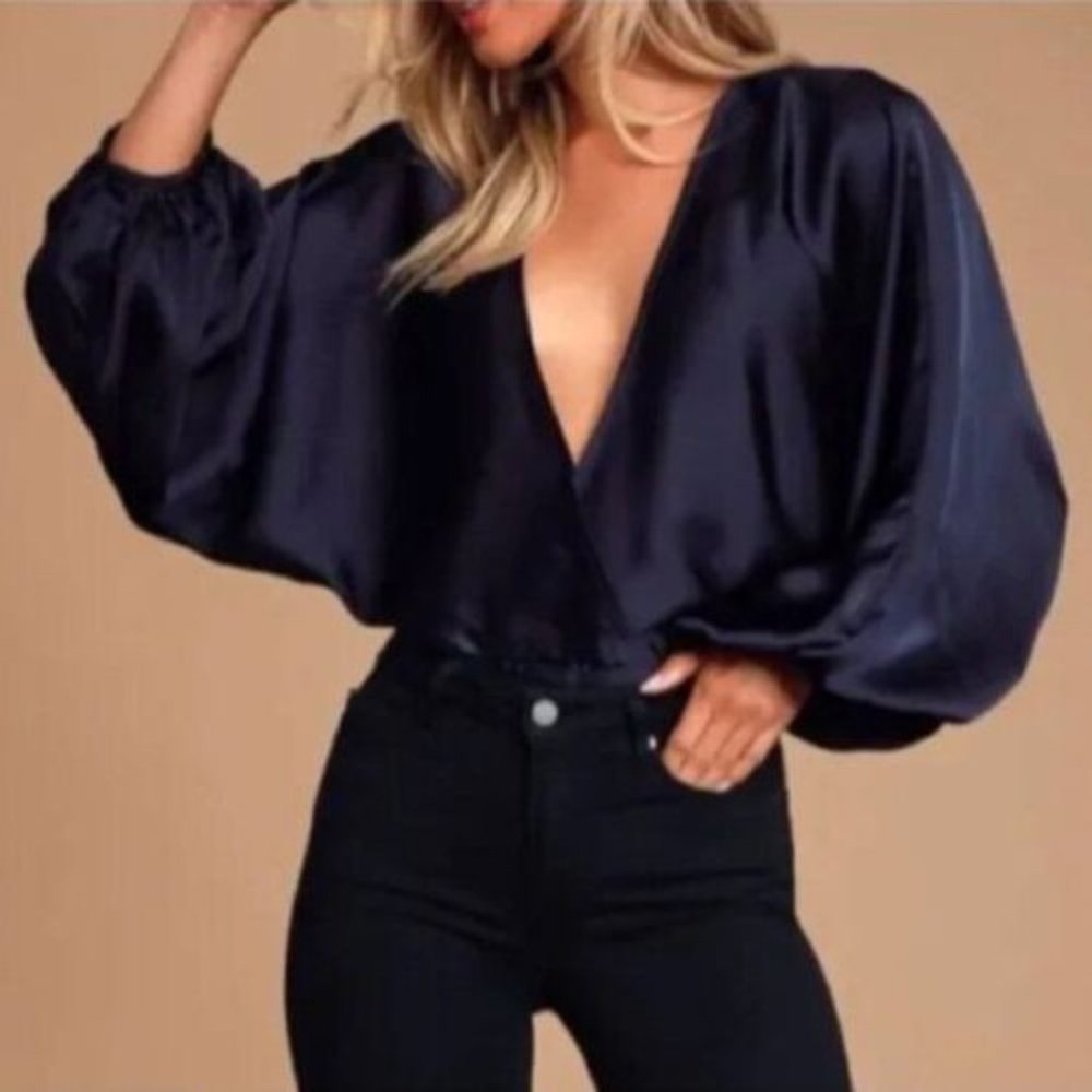 Free People Faux Wrap Midnight Vibes Satin Balloon Sleeve
